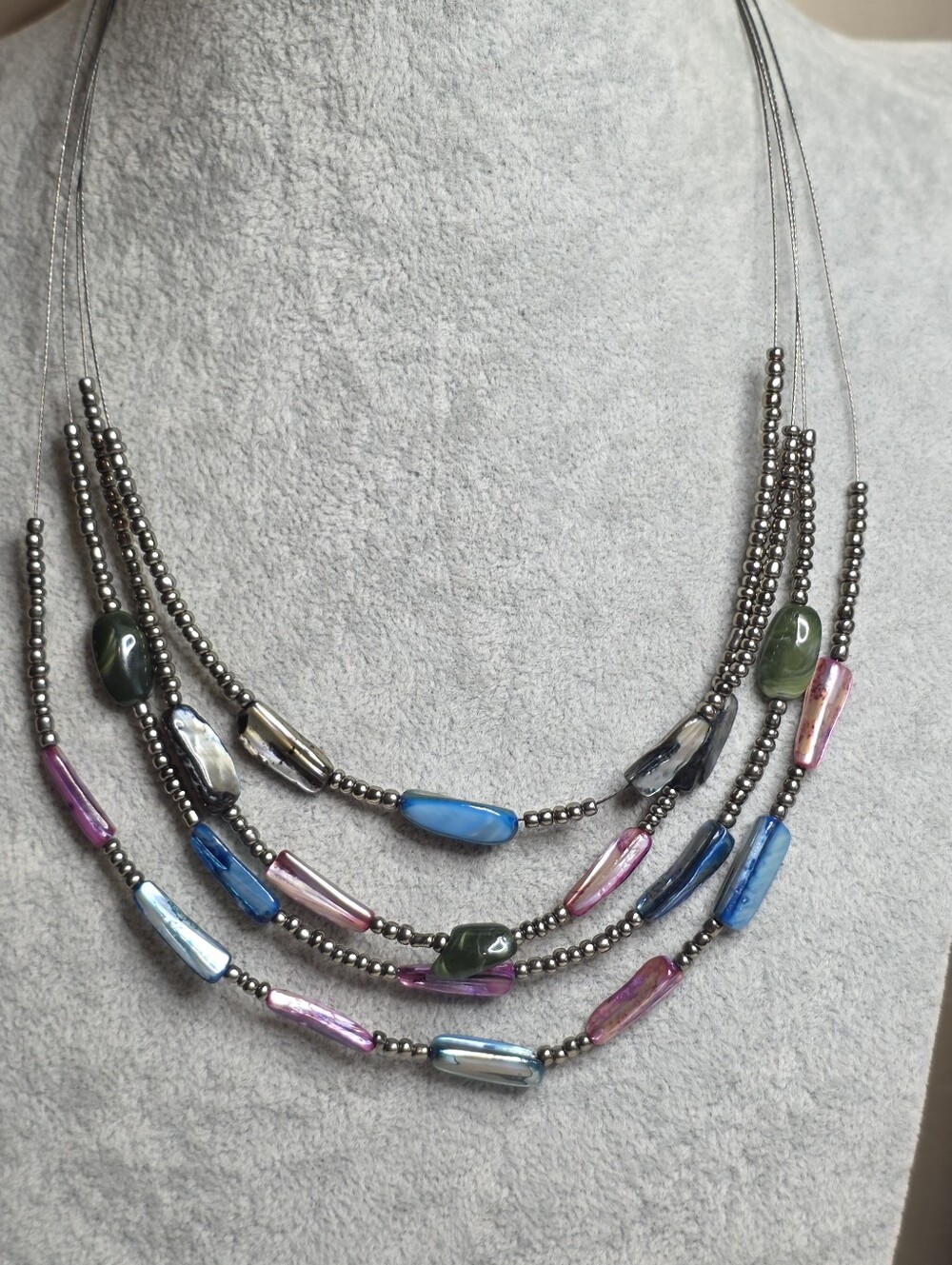 Multi-color Dyed Shell, Acrylic & Glass Seed Bead Multi-strand Wire Necklace